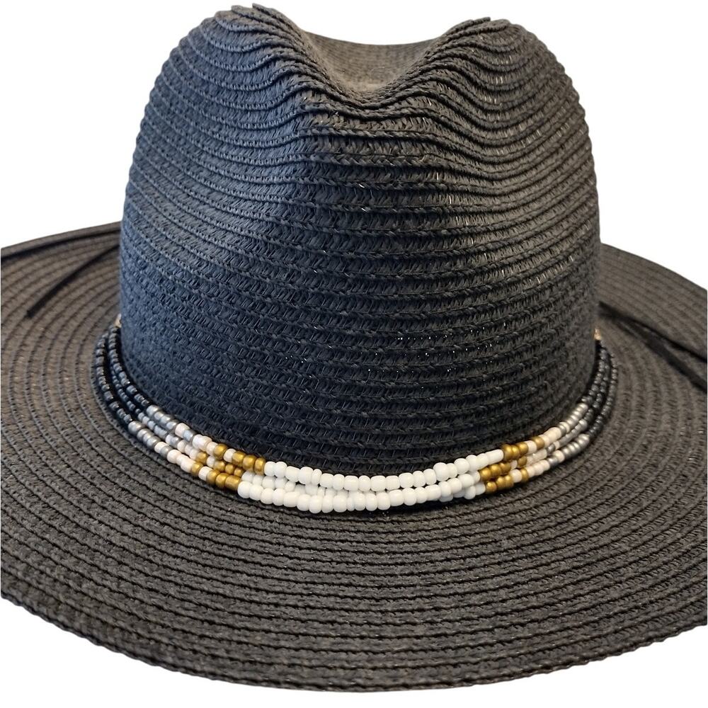 Bindya New York | GORGEOUS Black w/Beaded Band 100% Straw Fedora Hat EUC!